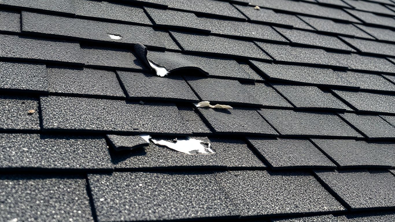 Damaged asphalt shingle roof with several lifted shingles exposing underlayment