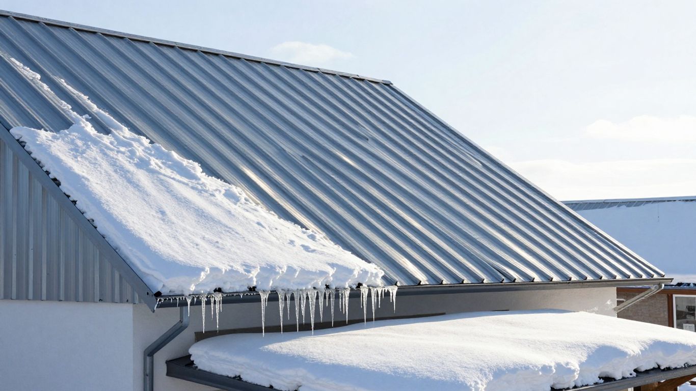 Snow-covered metal roof with icicles hanging from the eaves