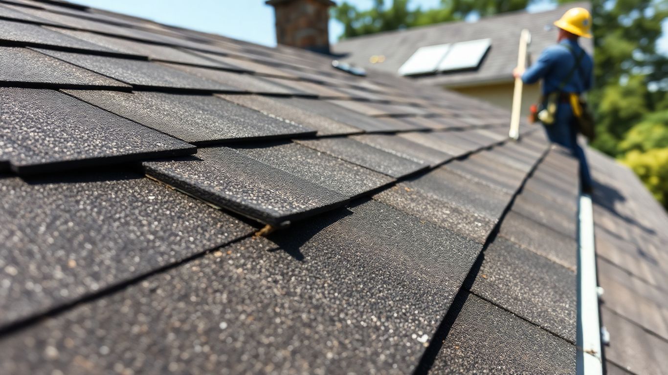 Worker inspecting shingled roof with safety line on a sunny day