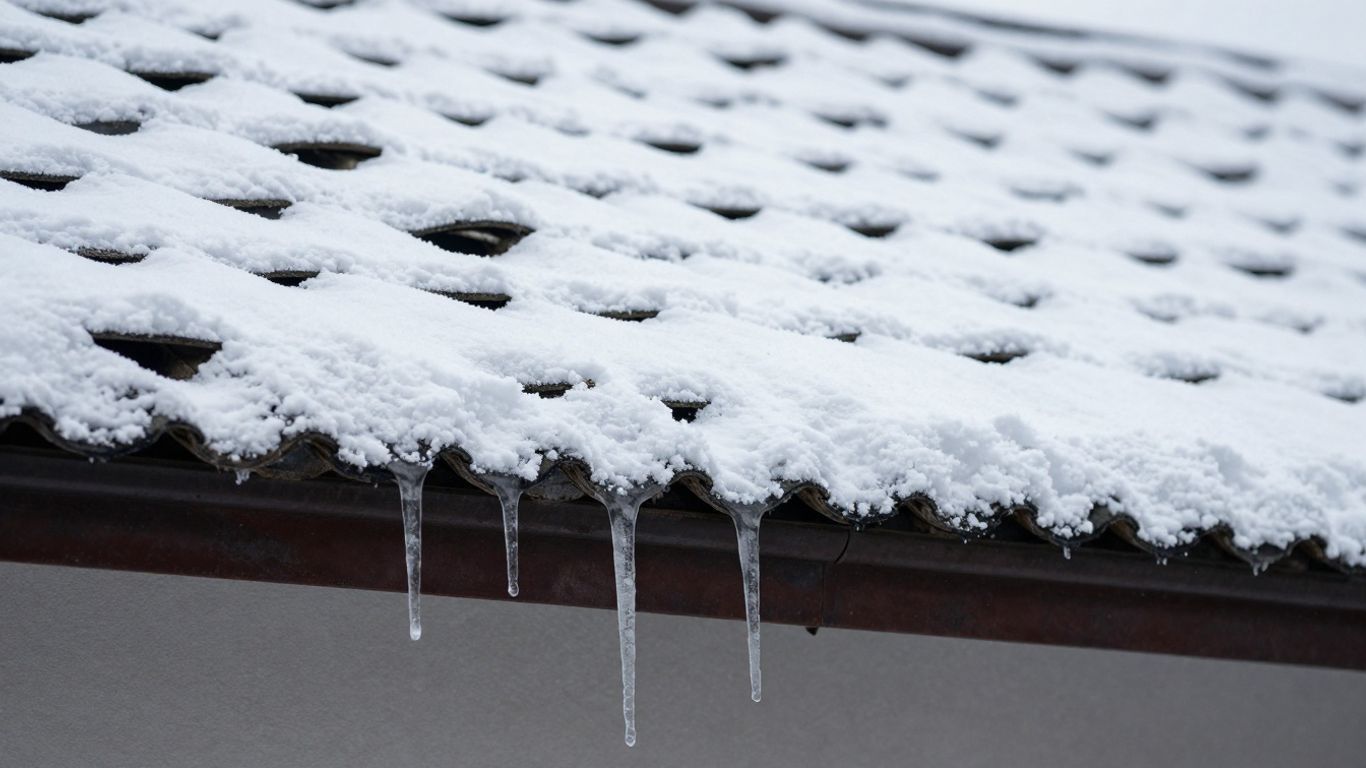 Snow-covered roof edge with hanging icicles