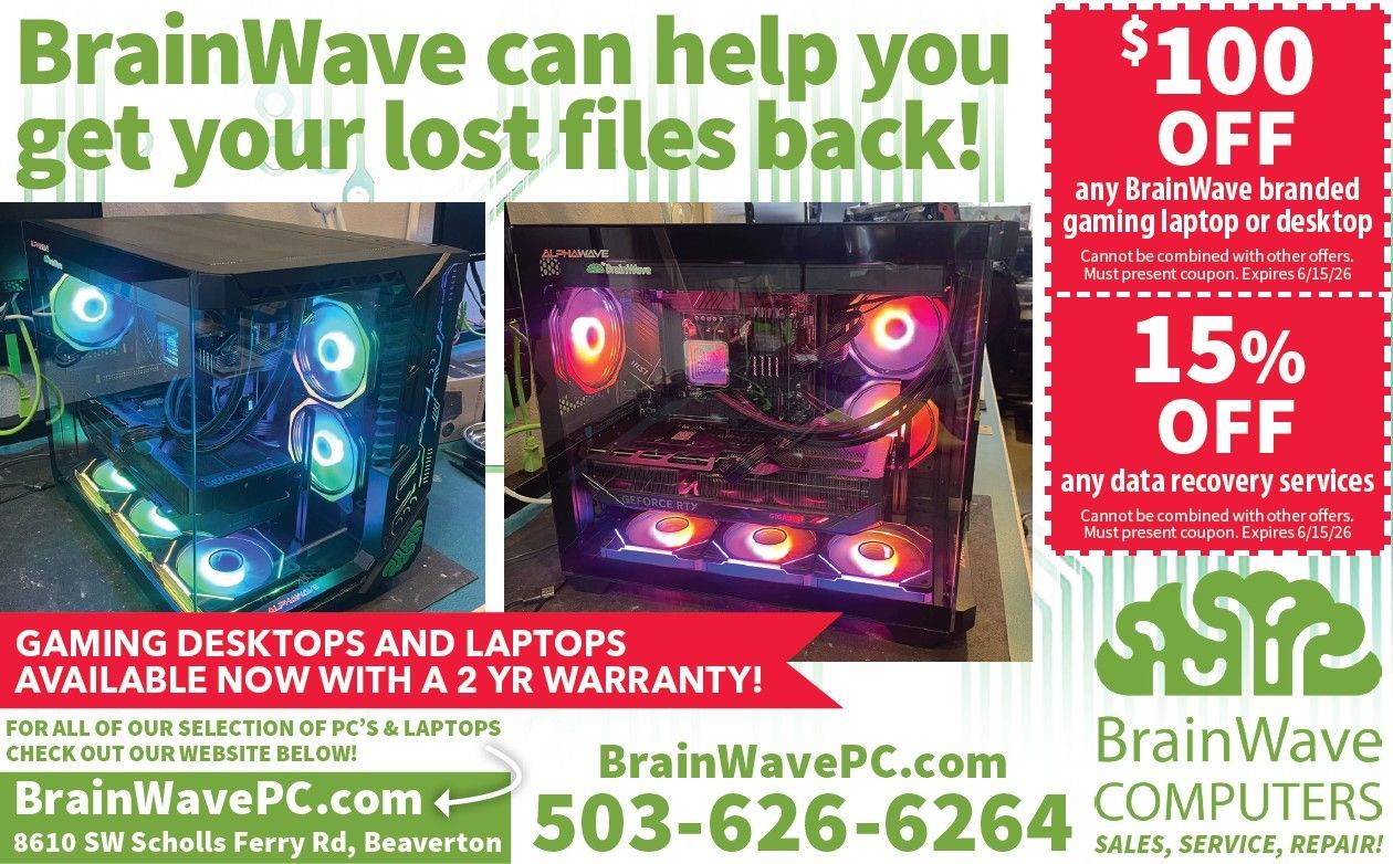 Advertisement for BrainWave Computers offering computer repair services, discounts, and website/phone contact information.