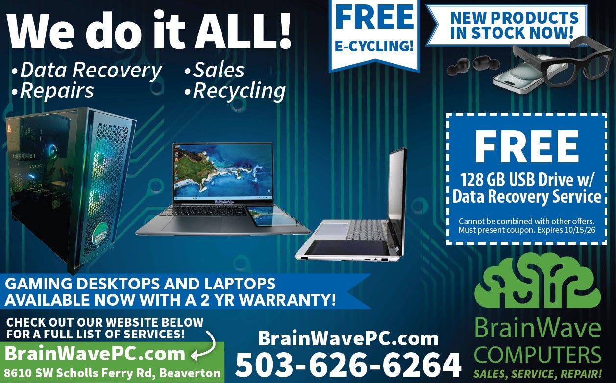BrainWave Computers ad: gaming desktops and laptops, free e-cycling, free 128 GB USB drive, and repair services.