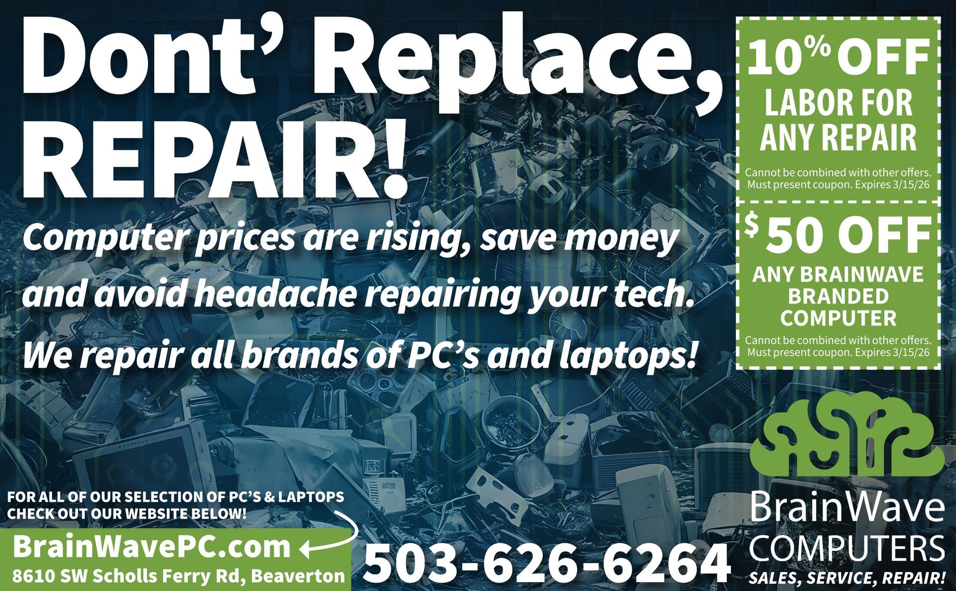 Advertisement for BrainWave Computers offering computer repair services, discounts, and website/phone contact information.