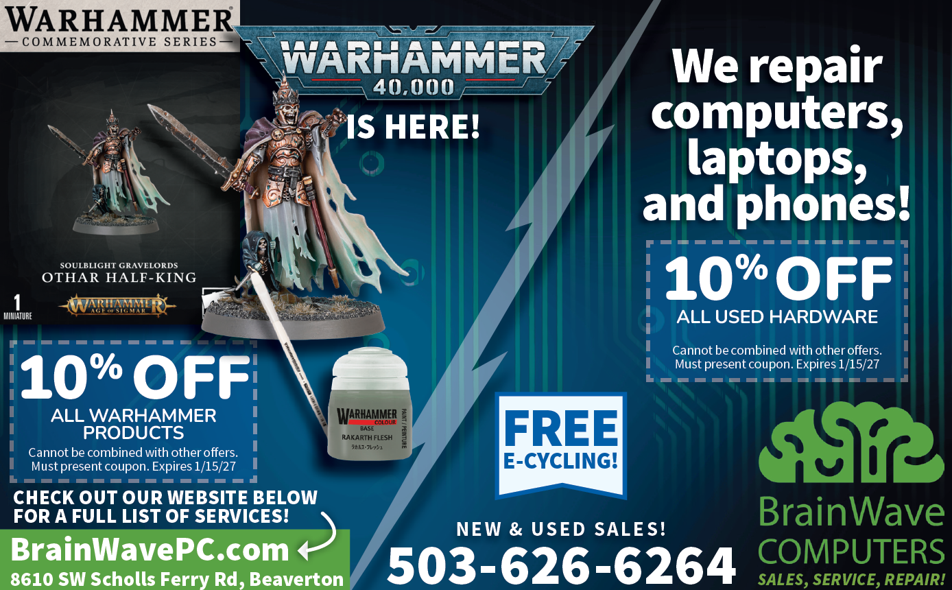 Warhammer ad with miniature figures, plus BrainWave Computers laptop/phone repair sale and contact info