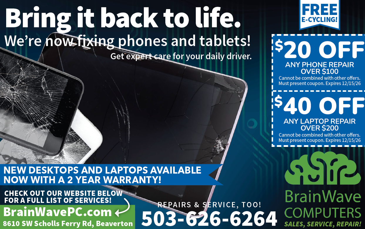 BrainWave Computers ad: cracked phone and tablet repair, free diagnostic, $20/$40 off, new desktops and laptops