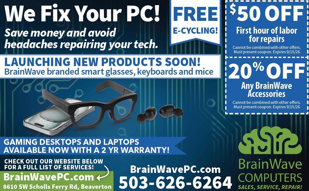 Ad for BrainWave Computers PC repair, deals, free e-cycling, and 20% off accessories on blue background.