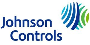 Johnson Controls logo: blue text with a stylized globe of blue, green, and white lines.