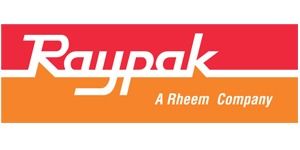 Raypak logo in white text on orange and red background. 