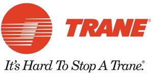 Trane logo: orange circle with white lines, red text 