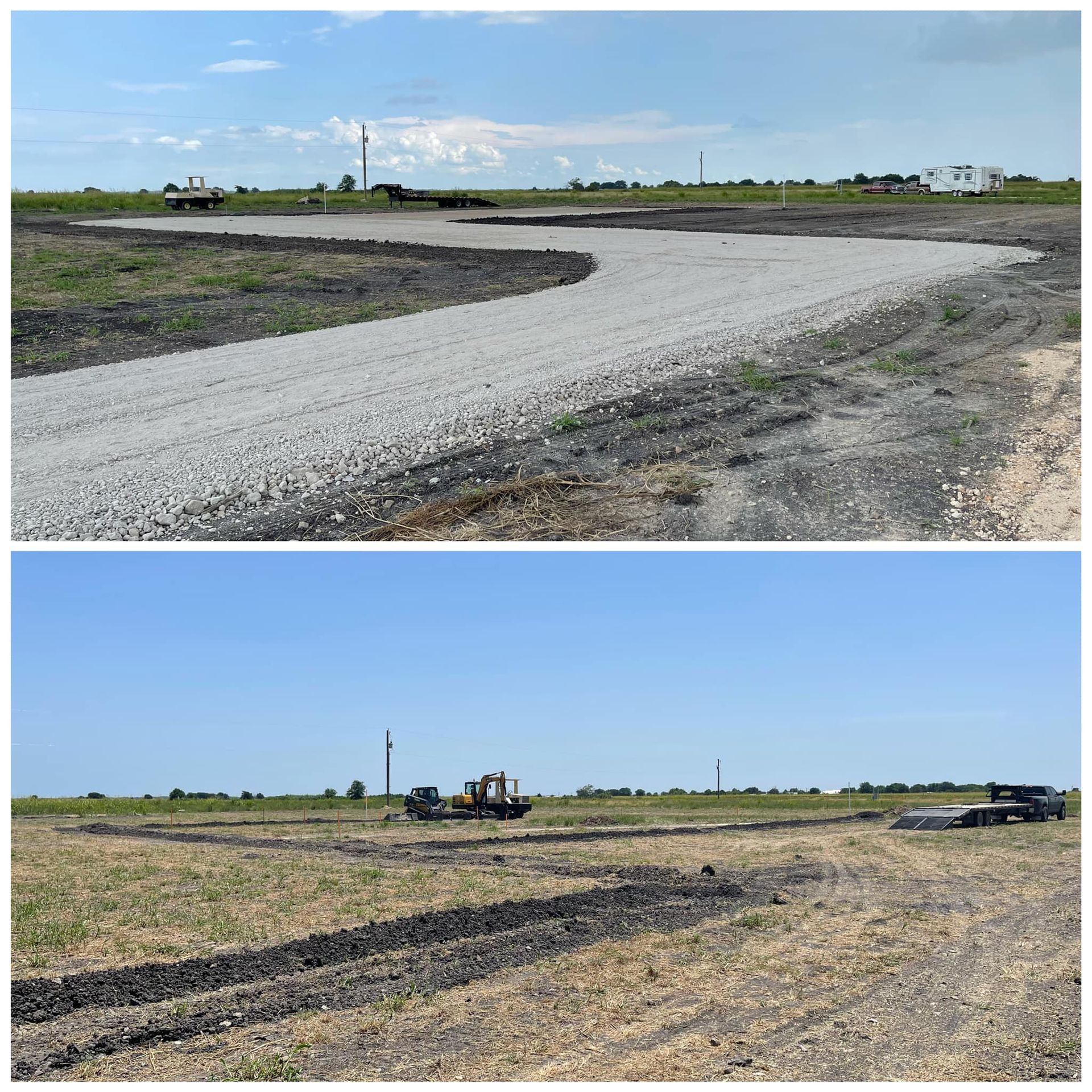 Top: Gravel driveway winding through a field. Bottom: Field with dirt path outline.