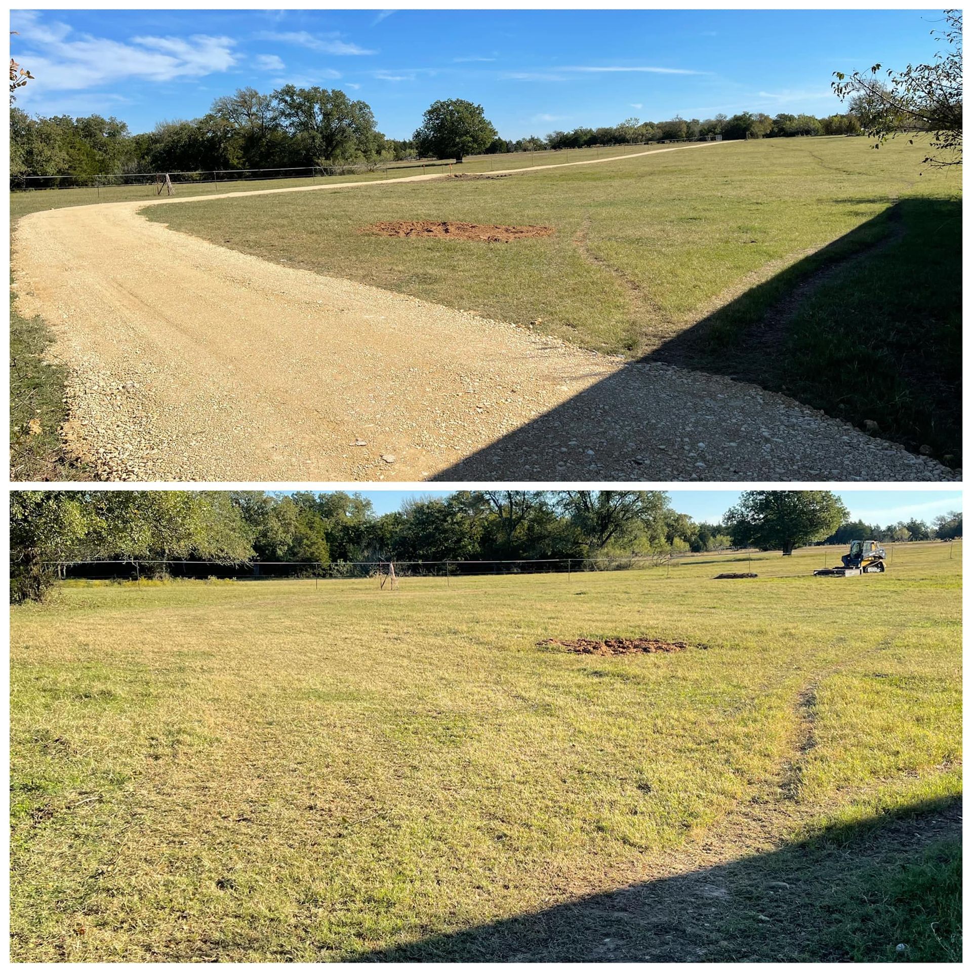 Two views of a gravel driveway and field. Brown and green with trees, a blue sky.