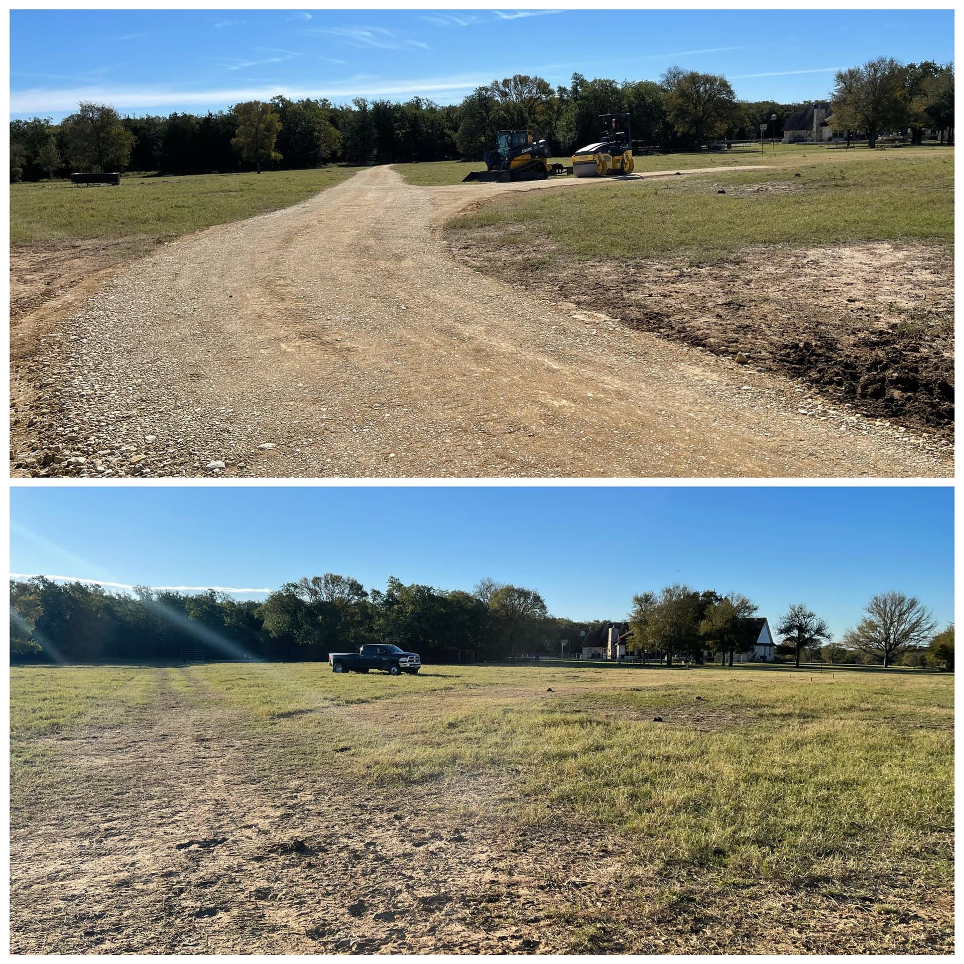 Top: Gravel road being constructed in a field. Bottom: Field with a truck parked in it.