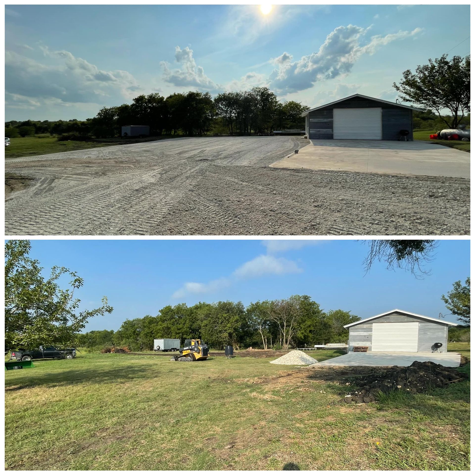 Two photos, top is gravel drive, metal shed. Bottom shows green grass, construction, and shed.