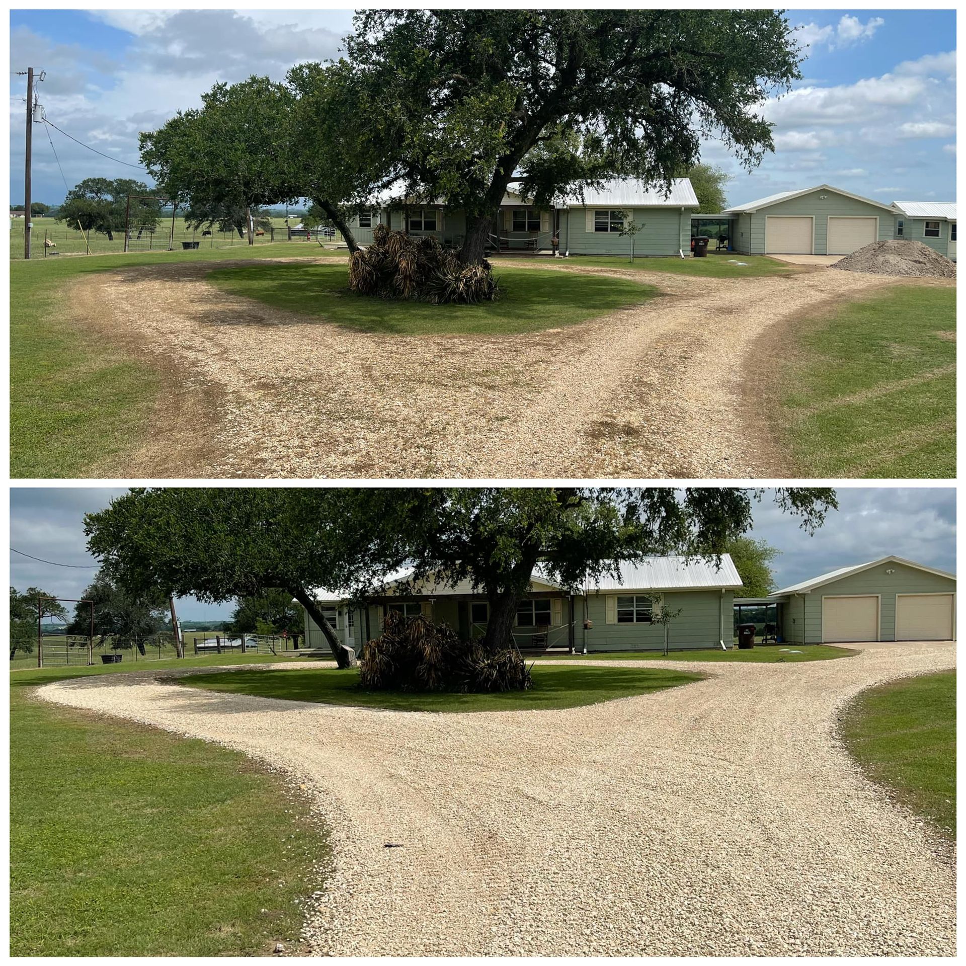 Before and after photos of a gravel driveway leading to a house. The driveway is lighter and cleaner in the after shot.