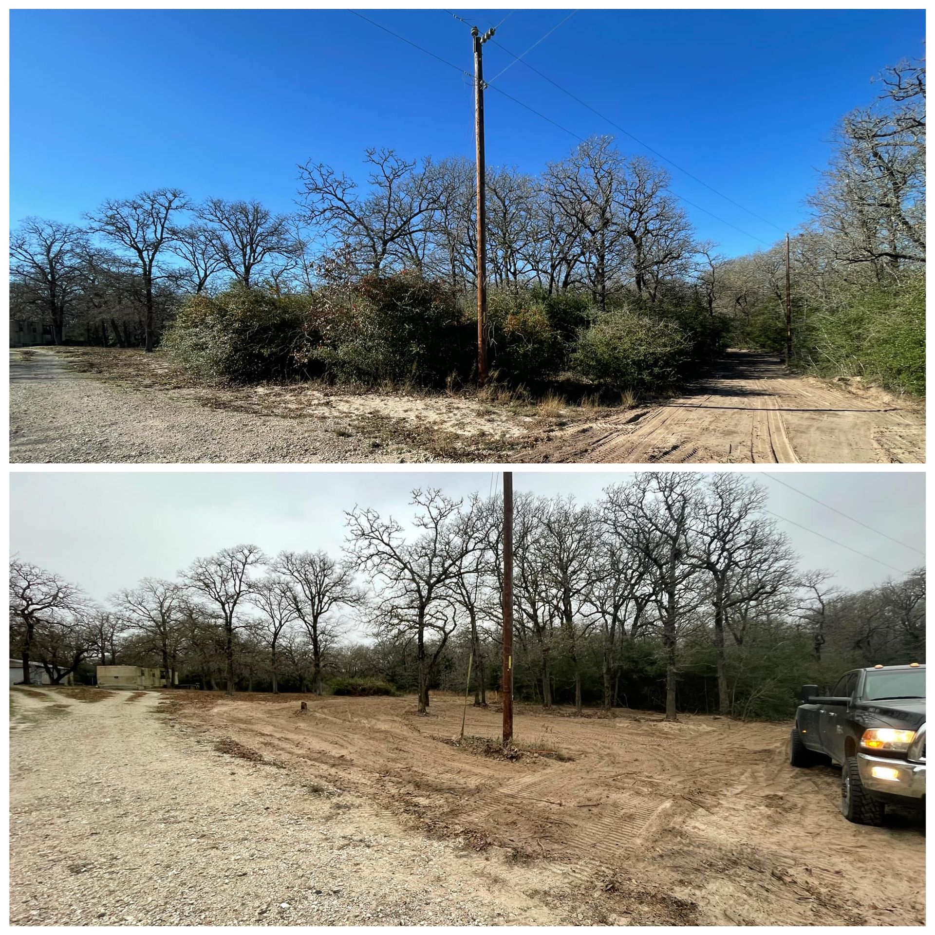Top: Dirt road intersection with trees and power pole. Bottom: Same location, cleared area, truck parked.