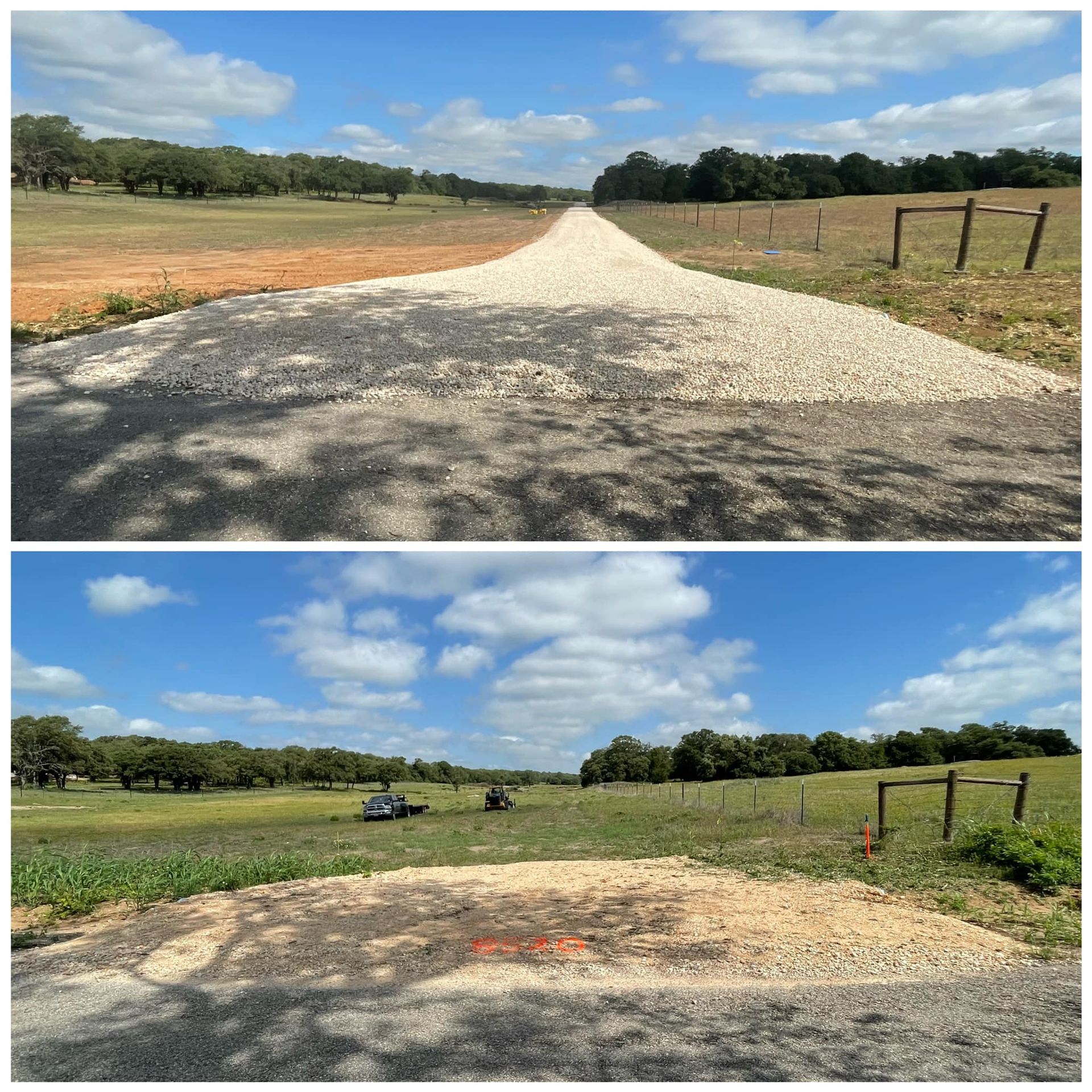 Top: Gravel road leading through open field, blue sky. Bottom: Partially gravel road at entrance with field.