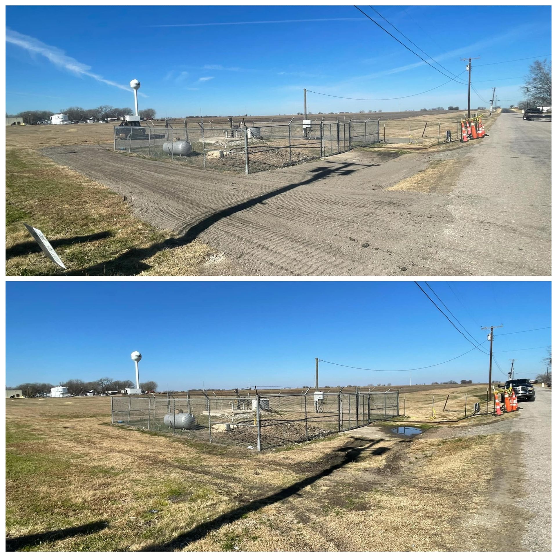 Two photos show a fenced area near a road and a water tower on a sunny day.