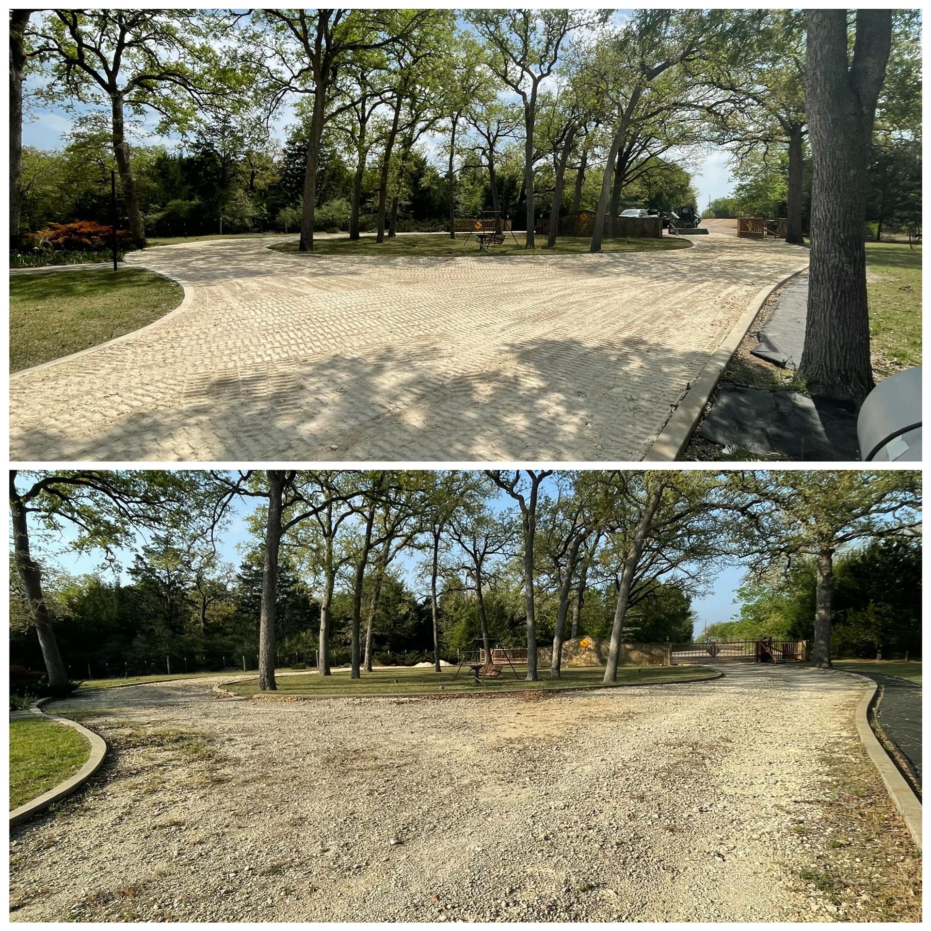 Two views of gravel parking area under shade trees.