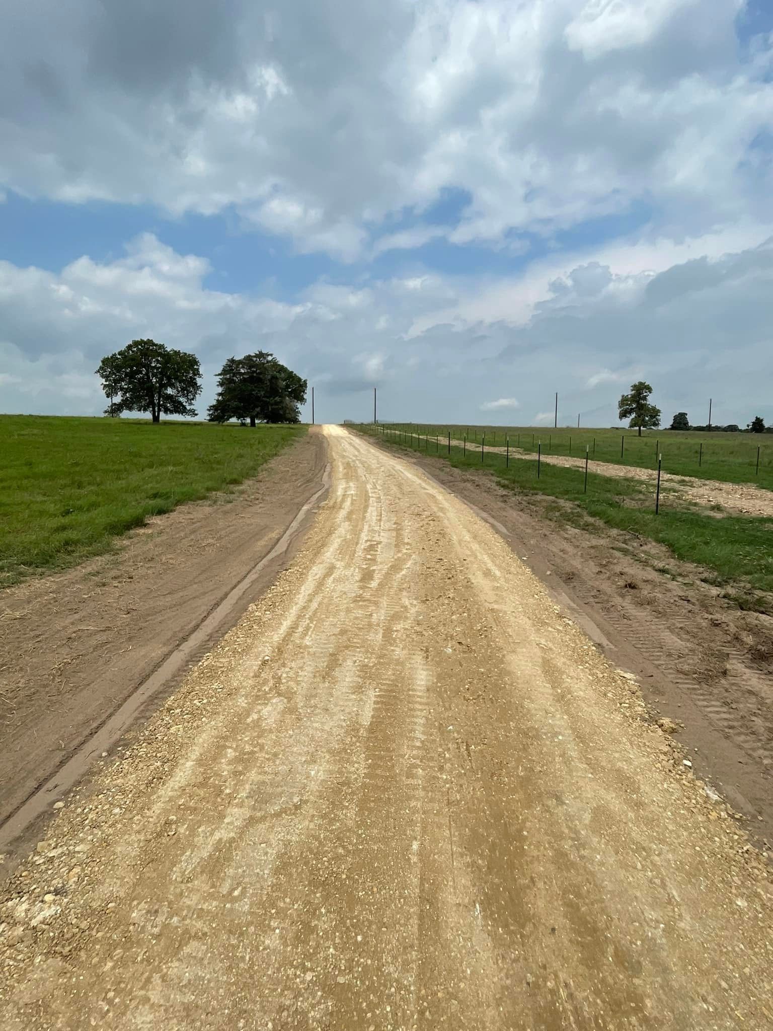 Gravel road through green fields under a cloudy sky, leading towards trees in the distance.