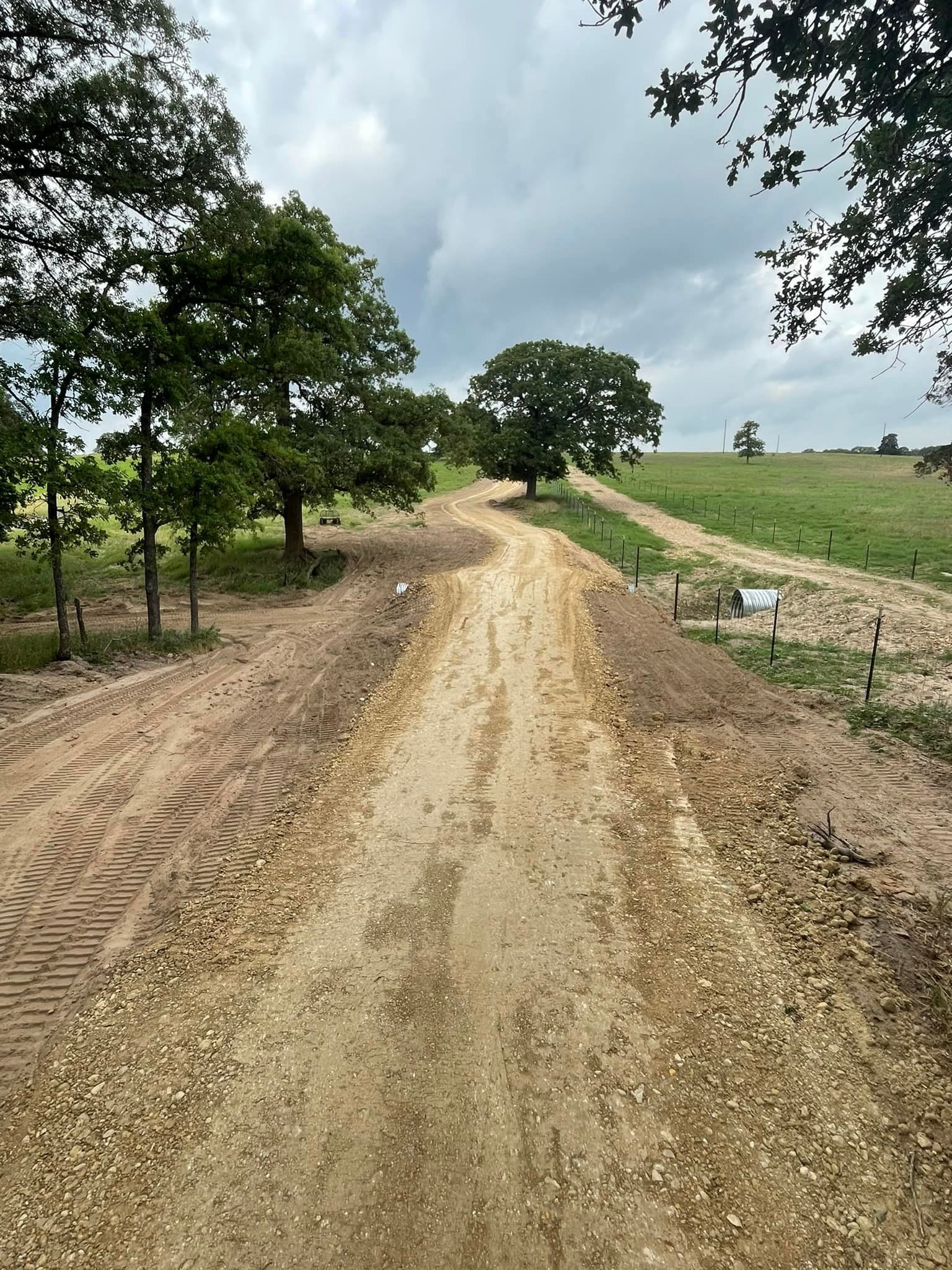 Dirt path through a field, bordered by trees and a cloudy sky.