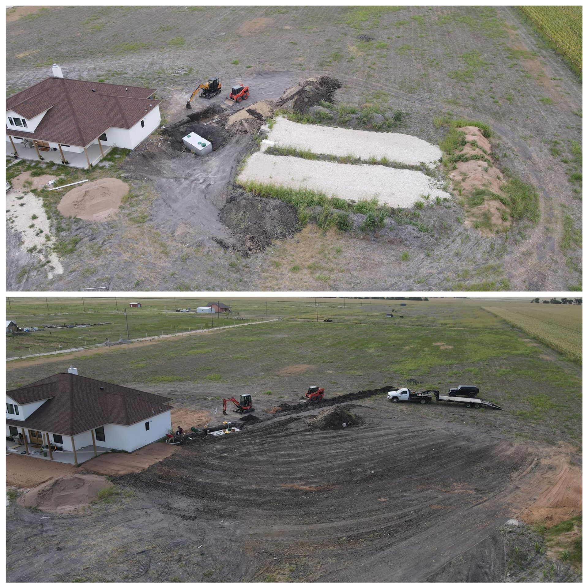 Aerial view: Before/after of construction site next to house; earthworks, machines, and soil.