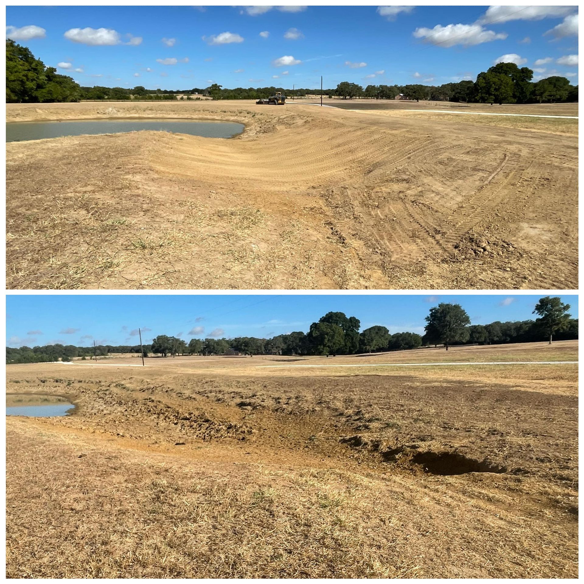 Top: a cleared field with dirt mounds and a pond, under a blue sky. Bottom: similar angle of the field with a dirt ditch.