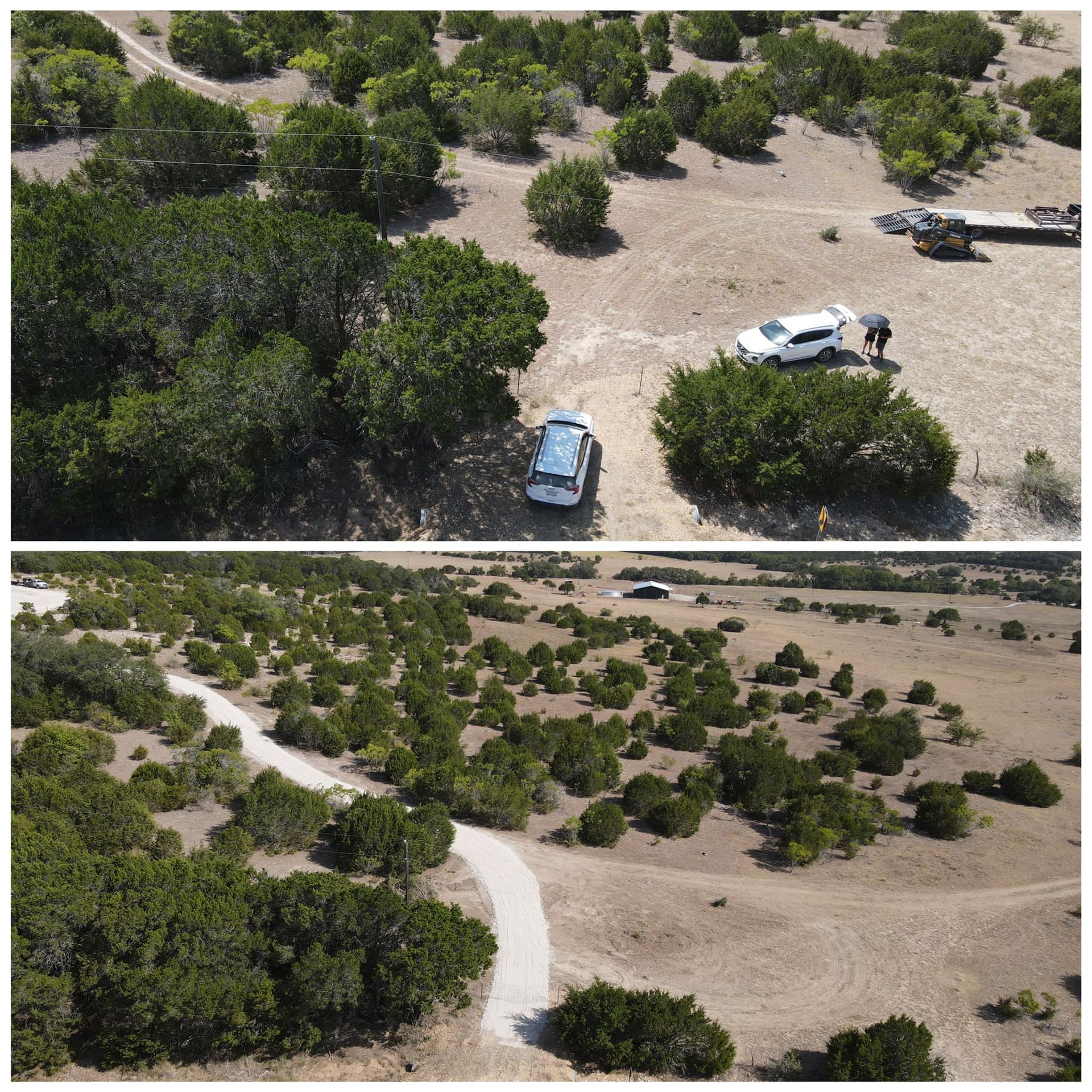 Two aerial views of a dirt road and vehicles surrounded by green bushes in a dry, brown landscape.