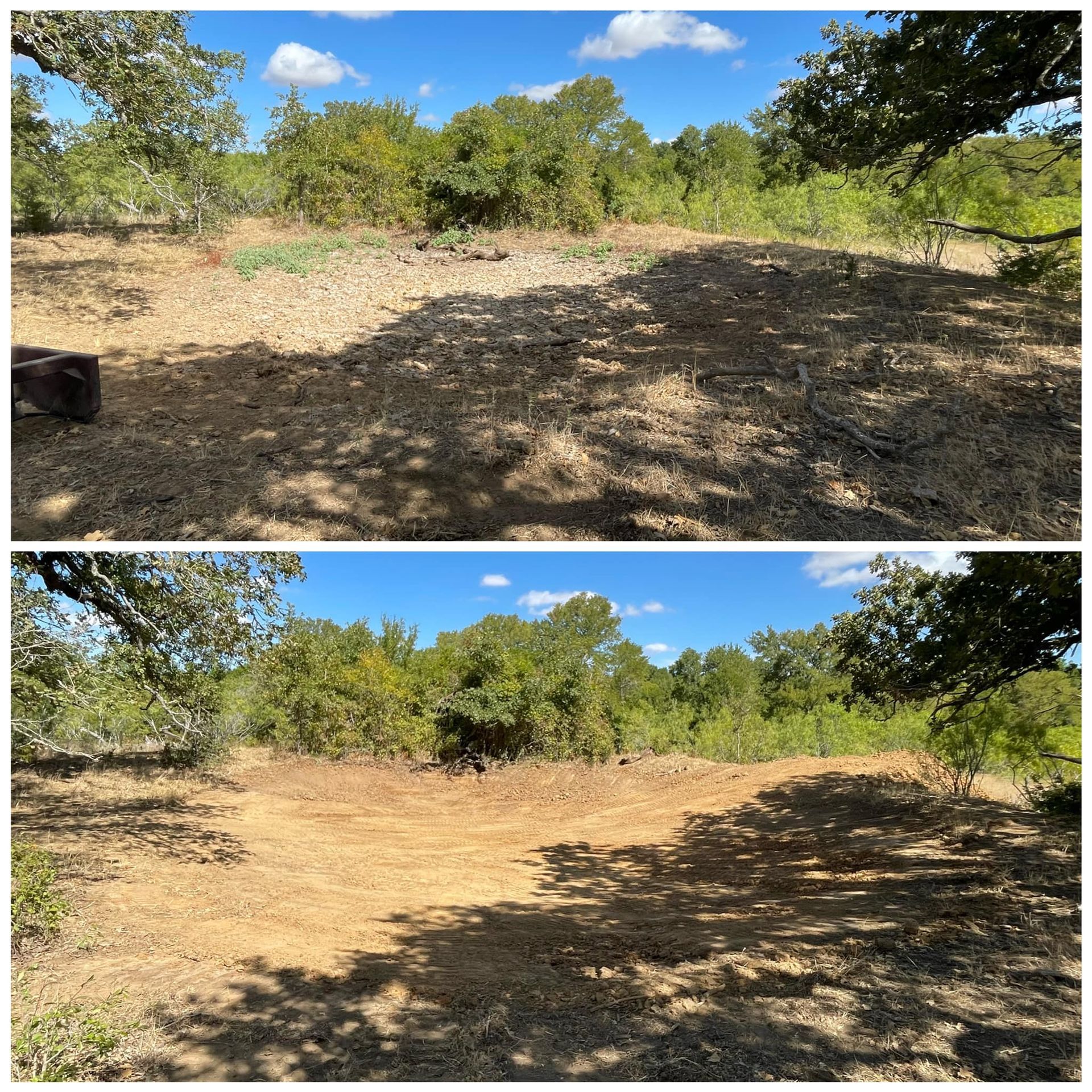 Top and bottom views of a clearing in a wooded area. Brown soil and green trees under a blue sky.