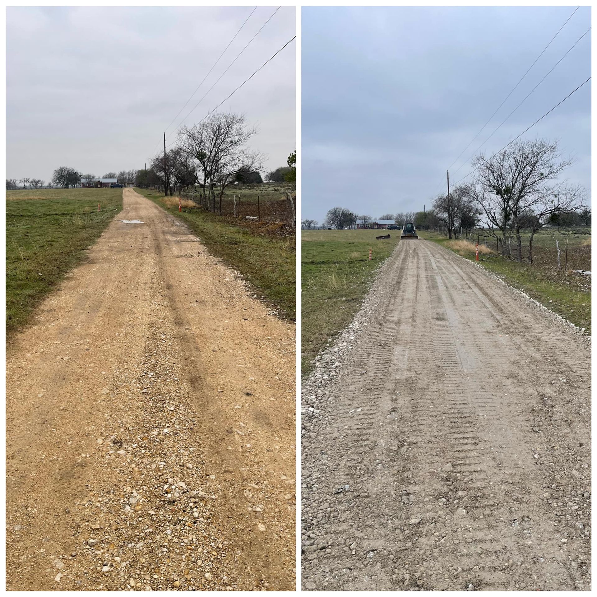 Dirt road through a field, overcast sky. Left side: before, right side: after grading.