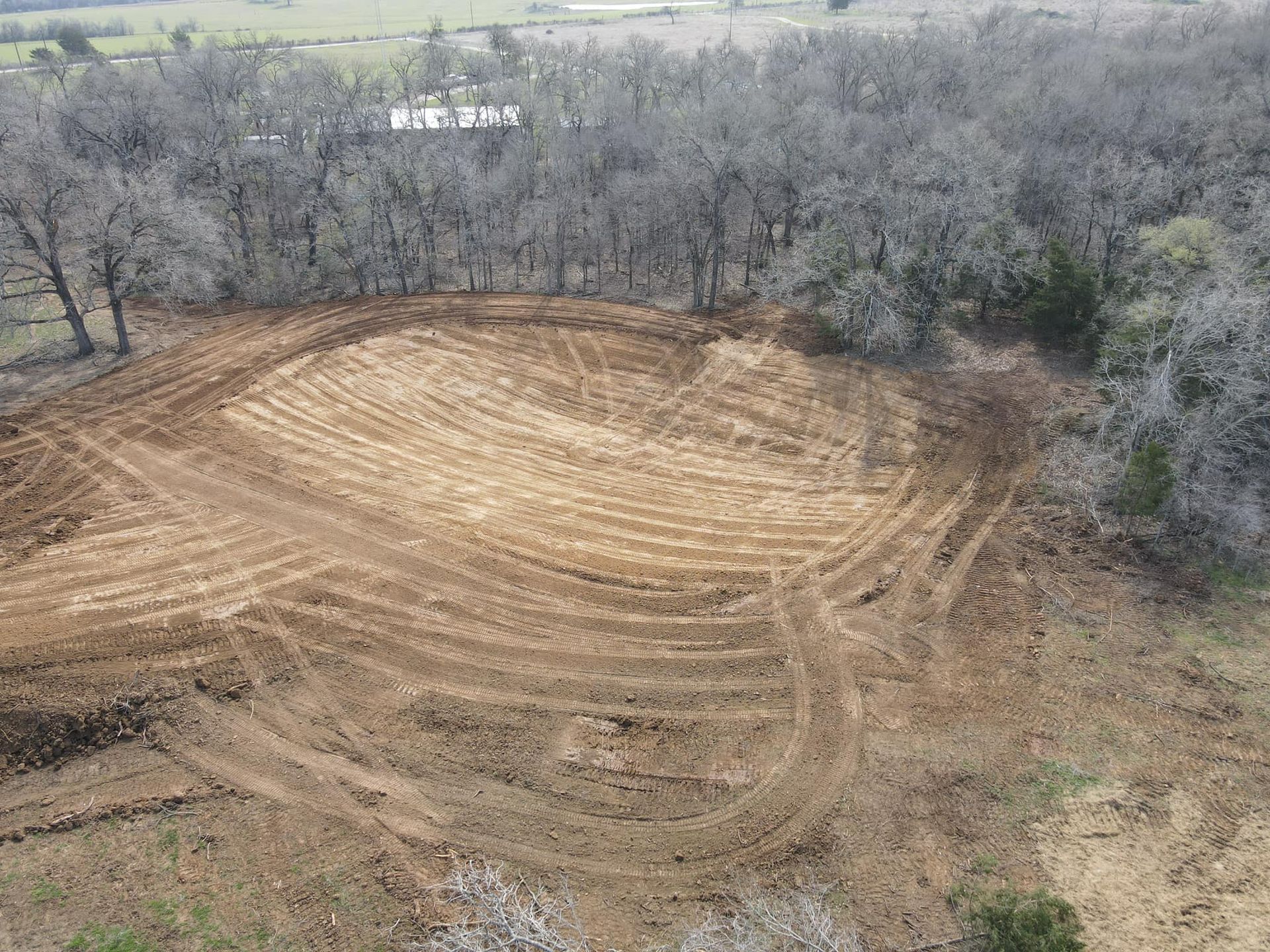 Clearing in a wooded area, brown earth with tractor tracks, surrounded by bare trees.
