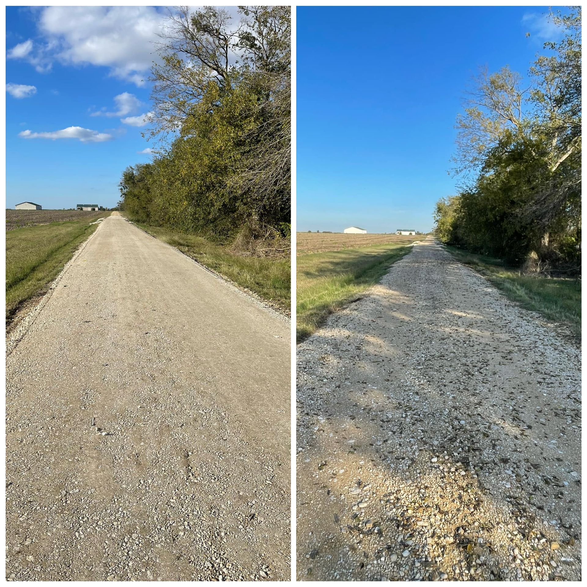 Gravel road lined with green trees and grass, with blue sky and some clouds.
