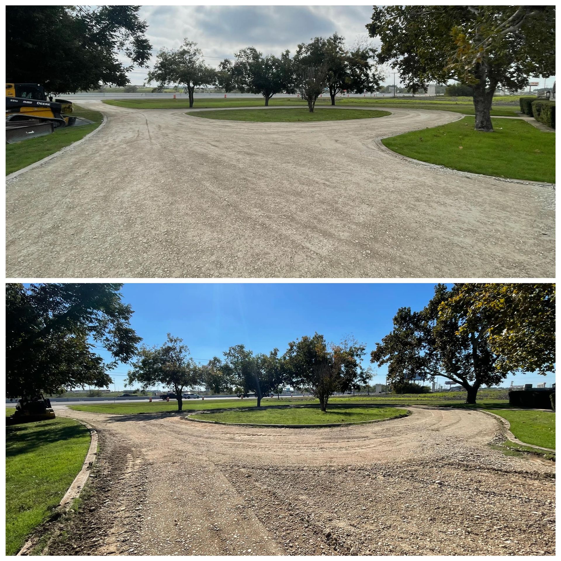 Top: Gravel driveway split around a circular island with trees, overcast. Bottom: Similar driveway, sunny.