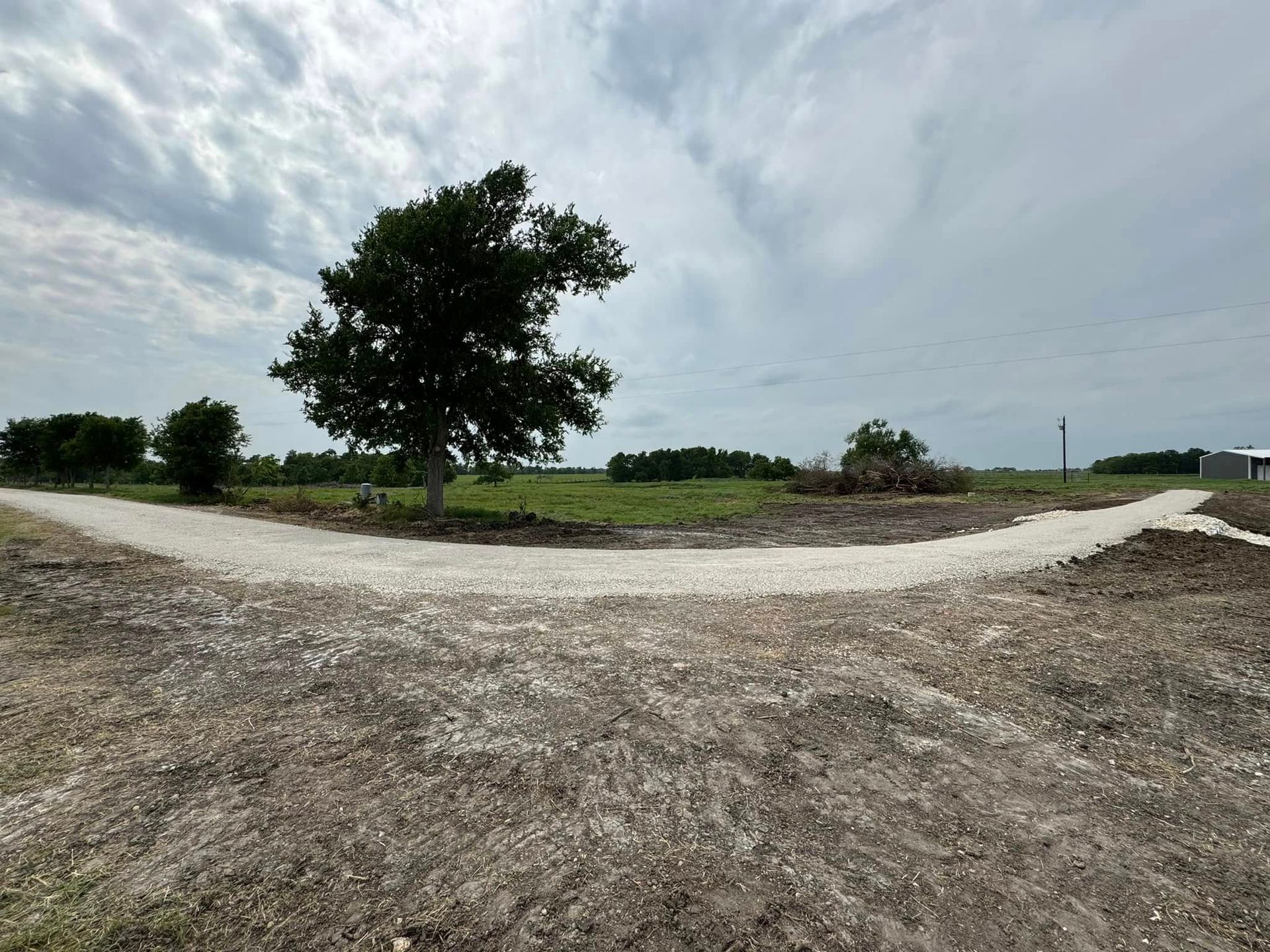 Gravel road curves in field with a tree. Overcast sky.