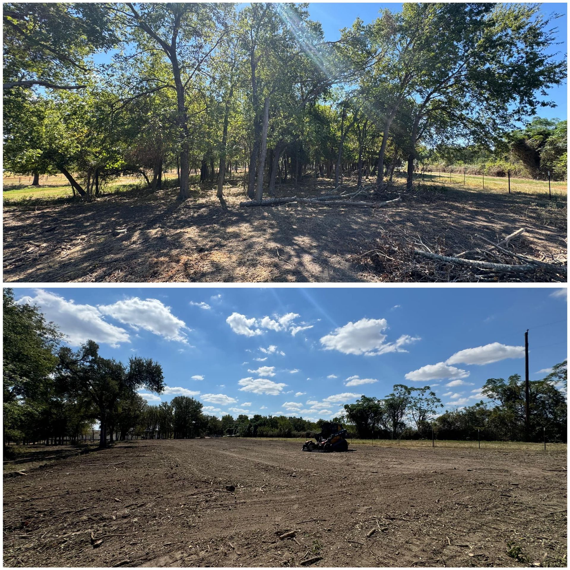Two photos: top shows trees on land; bottom shows cleared land with tractor, sky.