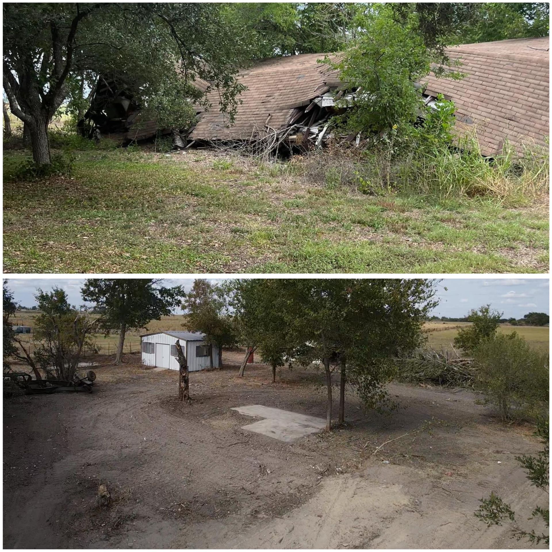 Damaged roof of a house on a grassy lot. The second photo shows the cleaned-up lot.