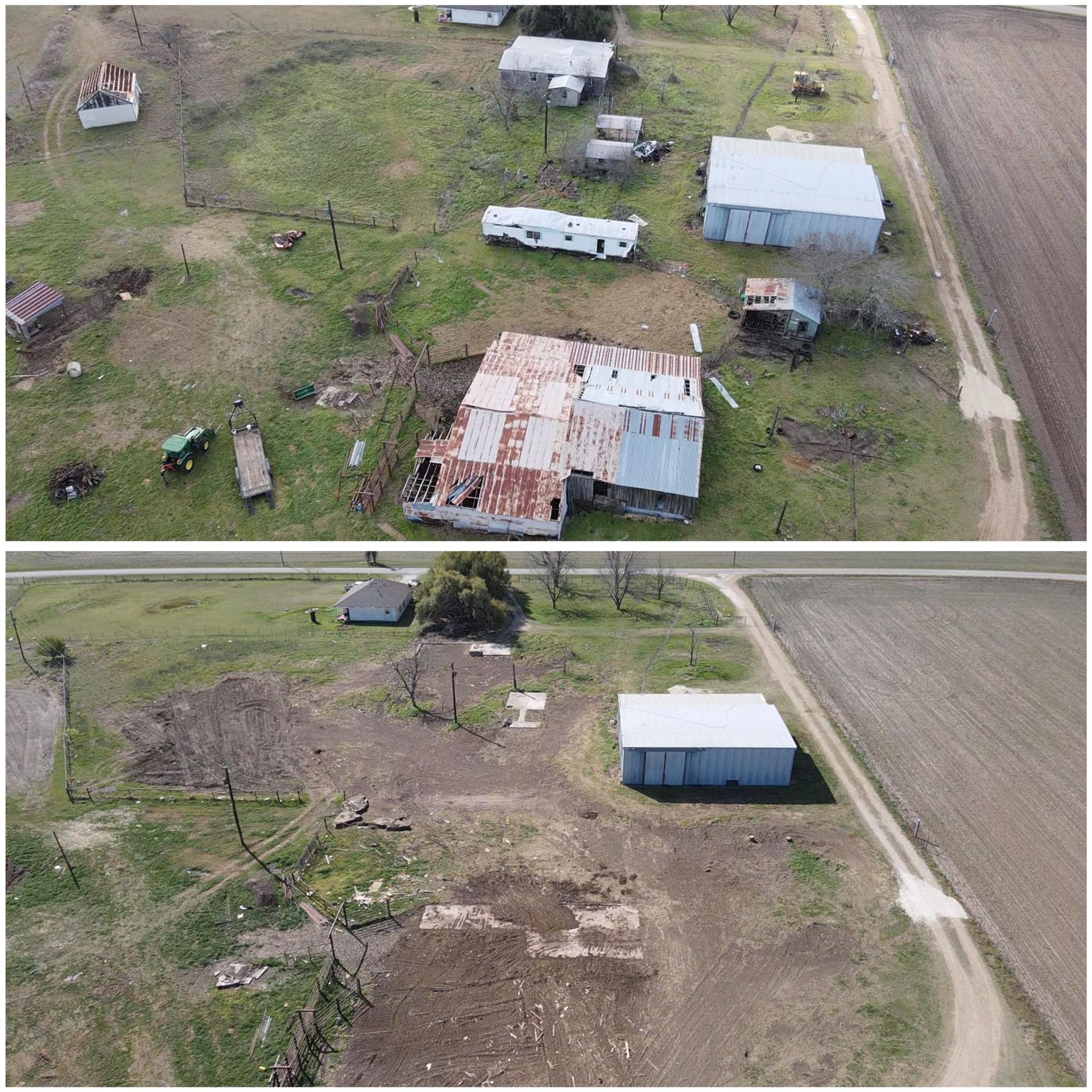 Top: Debris-filled rural property with multiple buildings. Bottom: same property, mostly cleared, with one building.