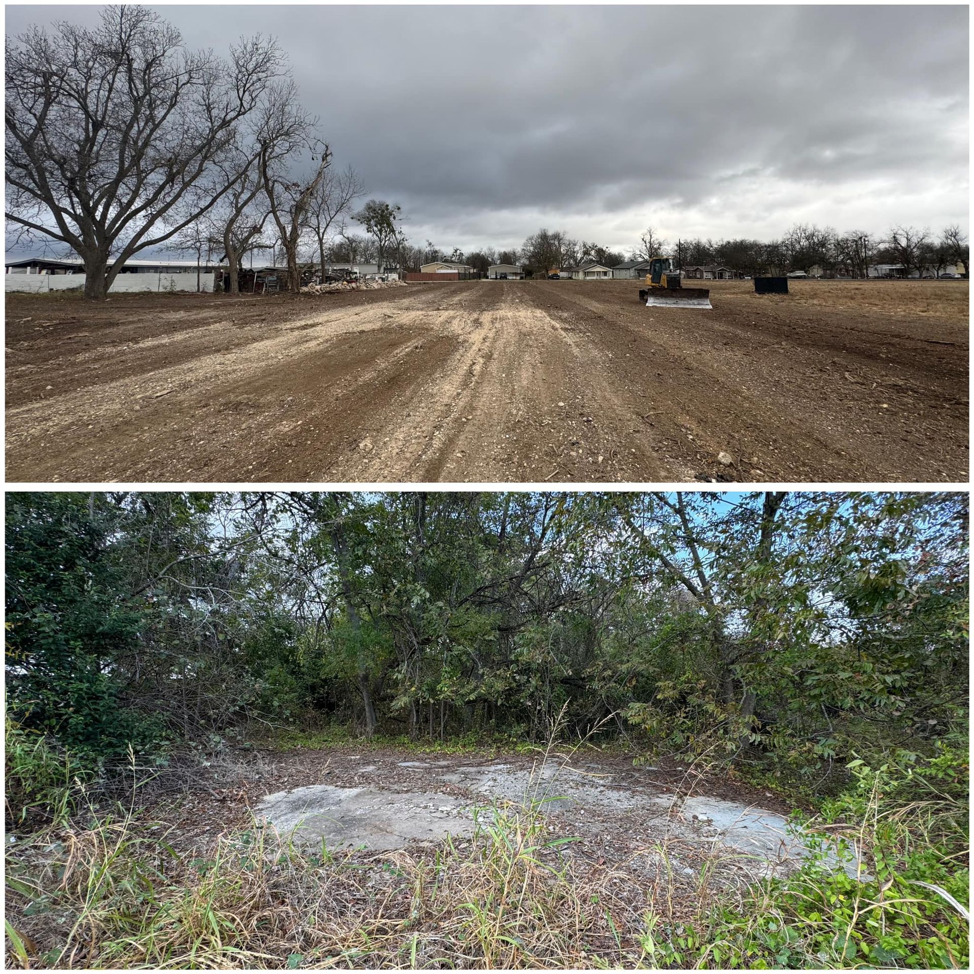 Top: Dirt road with construction vehicles, cloudy sky. Bottom: Grassy clearing surrounded by foliage.