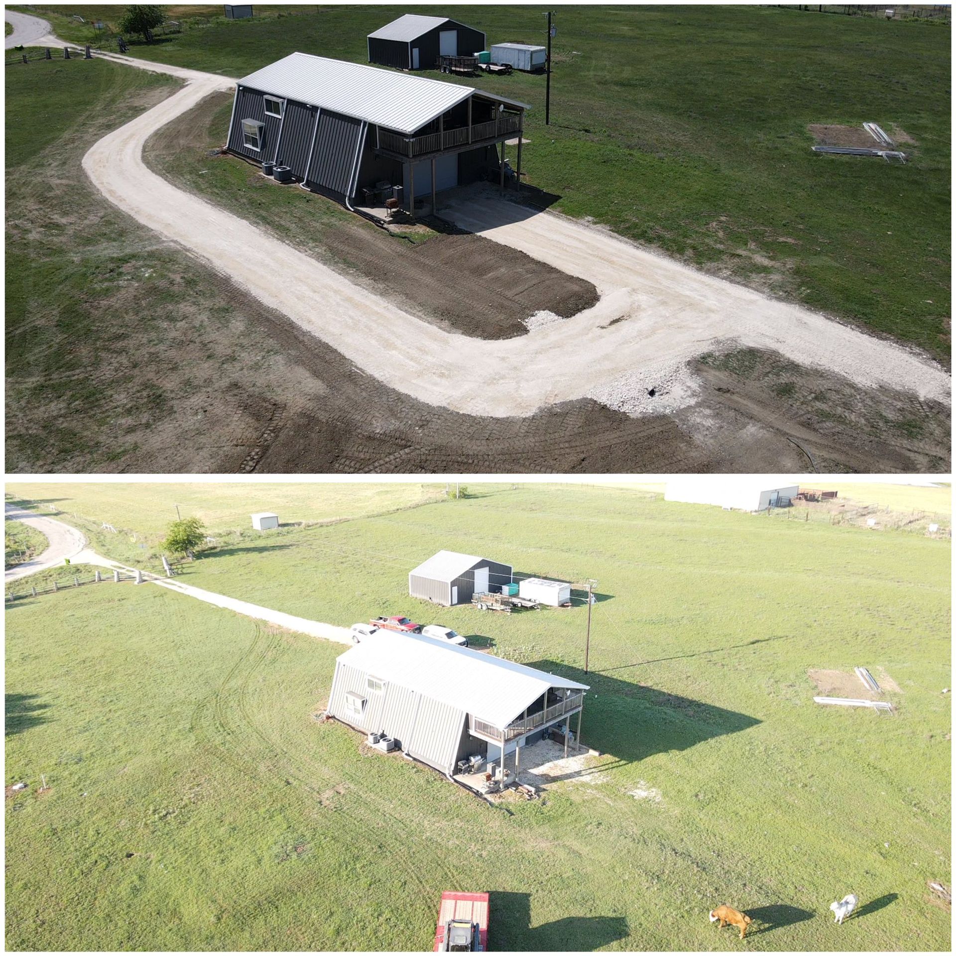 Two aerial views: a barn with a gravel drive in a grassy field. The top view shows the drive. The bottom view shows the barn and nearby structures.
