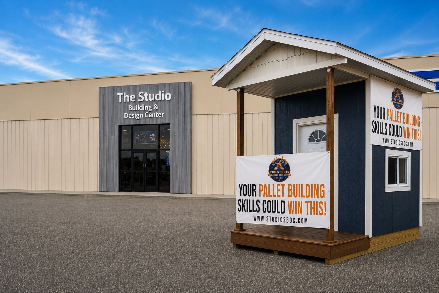 Small white kiosk with signs outside The Studio building on a gravel lot under a blue sky.