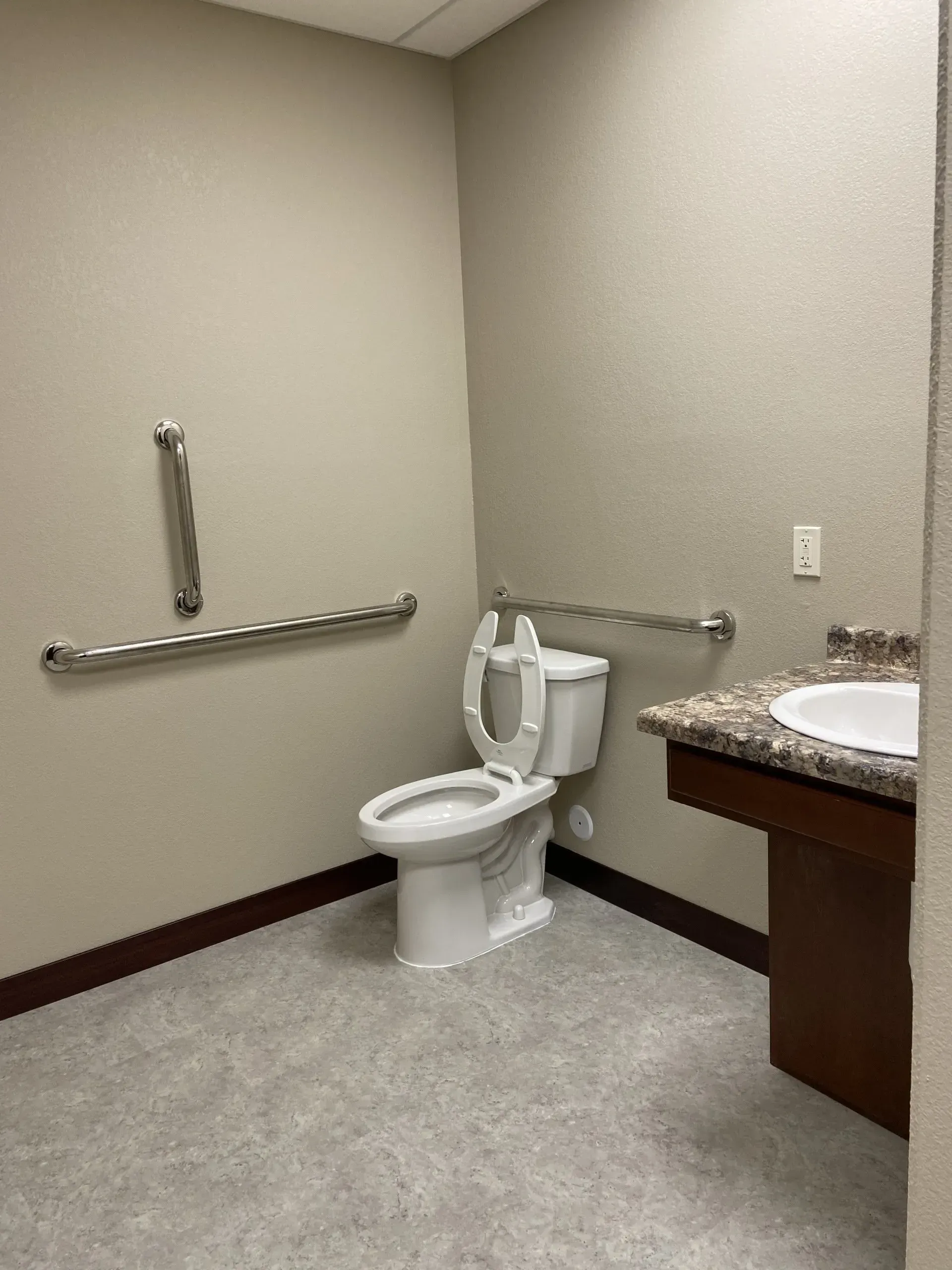 A bathroom with a toilet , sink and handrails.