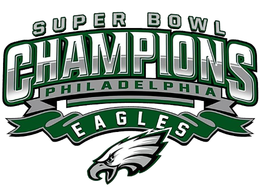Philadelphia Eagles Super Bowl Champions logo with green, silver, and white text and eagle head.