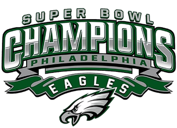 Philadelphia Eagles Super Bowl Champions logo with green, silver, and white text and eagle head.