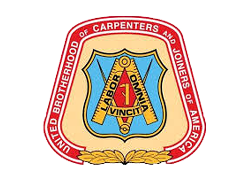 United Brotherhood of Carpenters and Joiners of America emblem: red, gold, and blue shield with tools and Latin text 'Labor Omnia Vincit'.