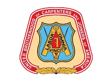 United Brotherhood of Carpenters and Joiners of America emblem: red, gold, and blue shield with tools and Latin text 'Labor Omnia Vincit'.