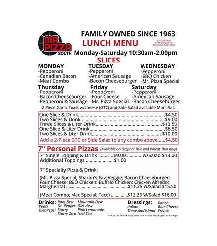 Mr Pizza family-owned lunch menu with daily specials and pizza prices on a white background