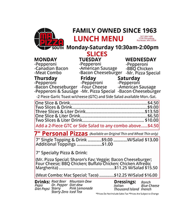 Menu | The Original Mr. Pizza South