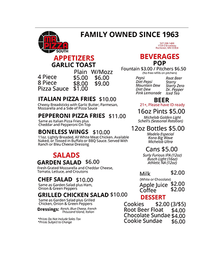 Red-and-white pizza restaurant menu with appetizers, salads, beverages, and desserts.