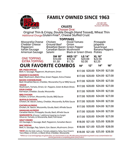Pizza restaurant menu with “Family Owned Since 1963” header, crust options, toppings, and favorite combo prices.