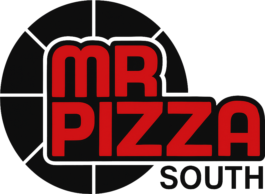 MR Pizza South logo with red text on a black circular background