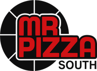 MR Pizza South logo with red text on a black circular background